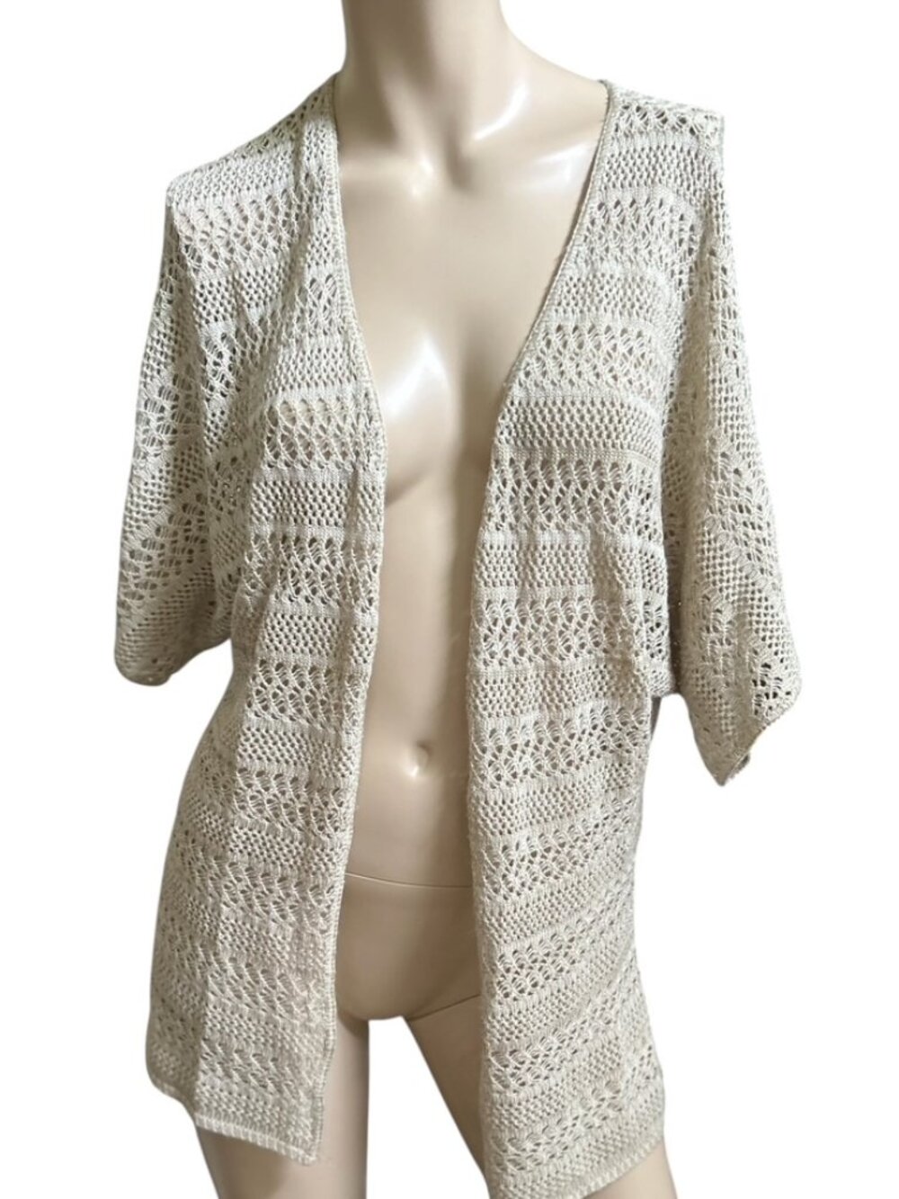 VTG Fashion Bug Open Cardigan Beige Sz L Festival Boho Minimalist Hippie Y2K USA